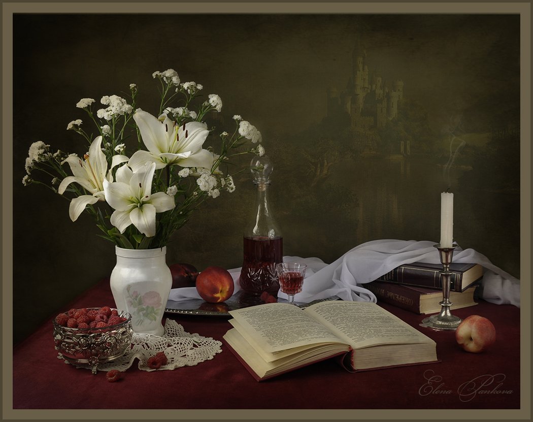 цветы, книги, вино, замок, лилии, малина, персики, Elena Pankova