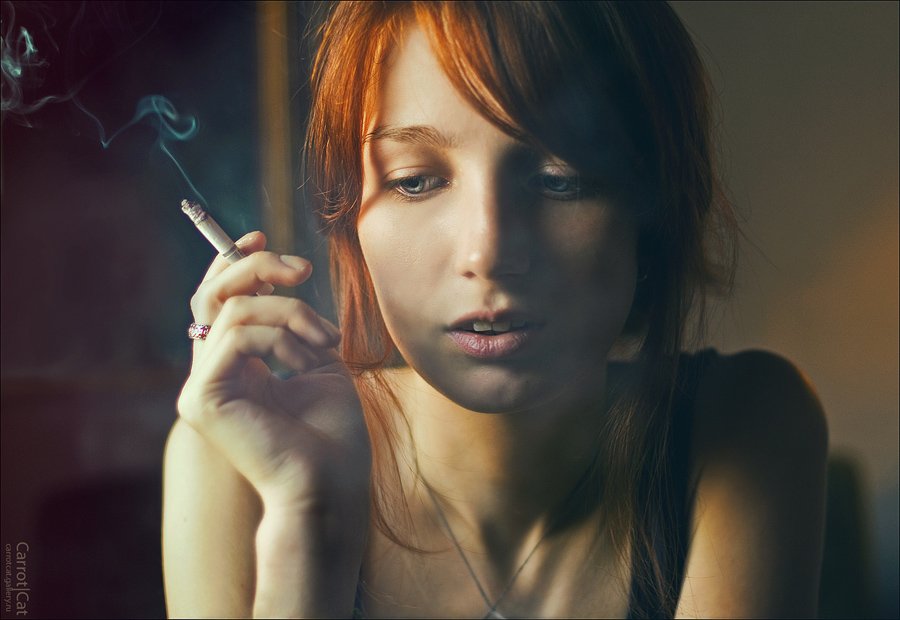 carrotcat, smoke, girl, redhead, hair, lips, eyes, portrait, Женя Белан
