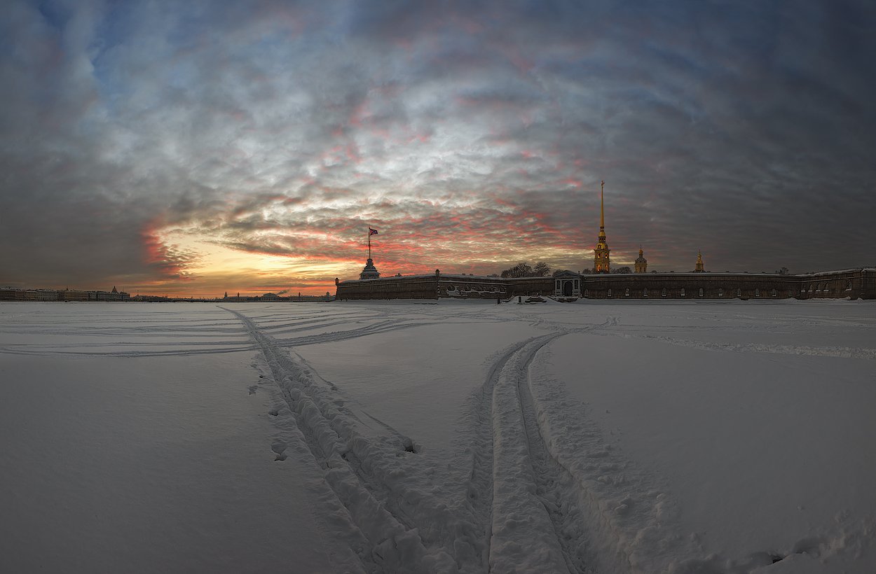 крепость, петропавловская, нева, санкт-петербург, зима, снег, следы, закат, панорама, EGRA : ЕГРА