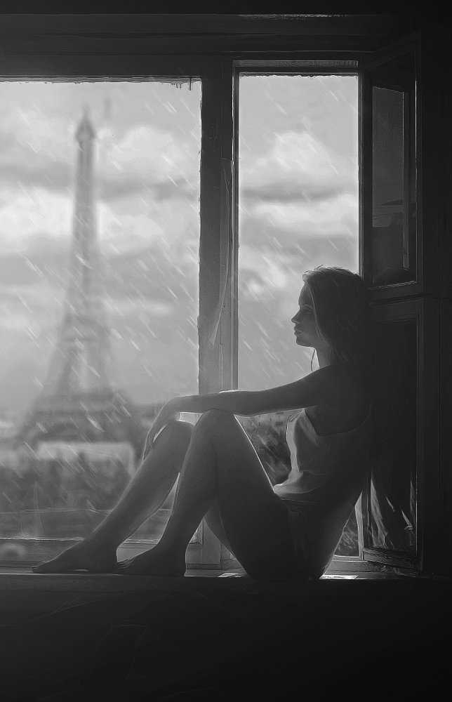 портрет, окно, девушка, фото, настя, париж, эйфелева башня, дома, сидит, грусно, пасмурно, cloudy and rainy, Никита