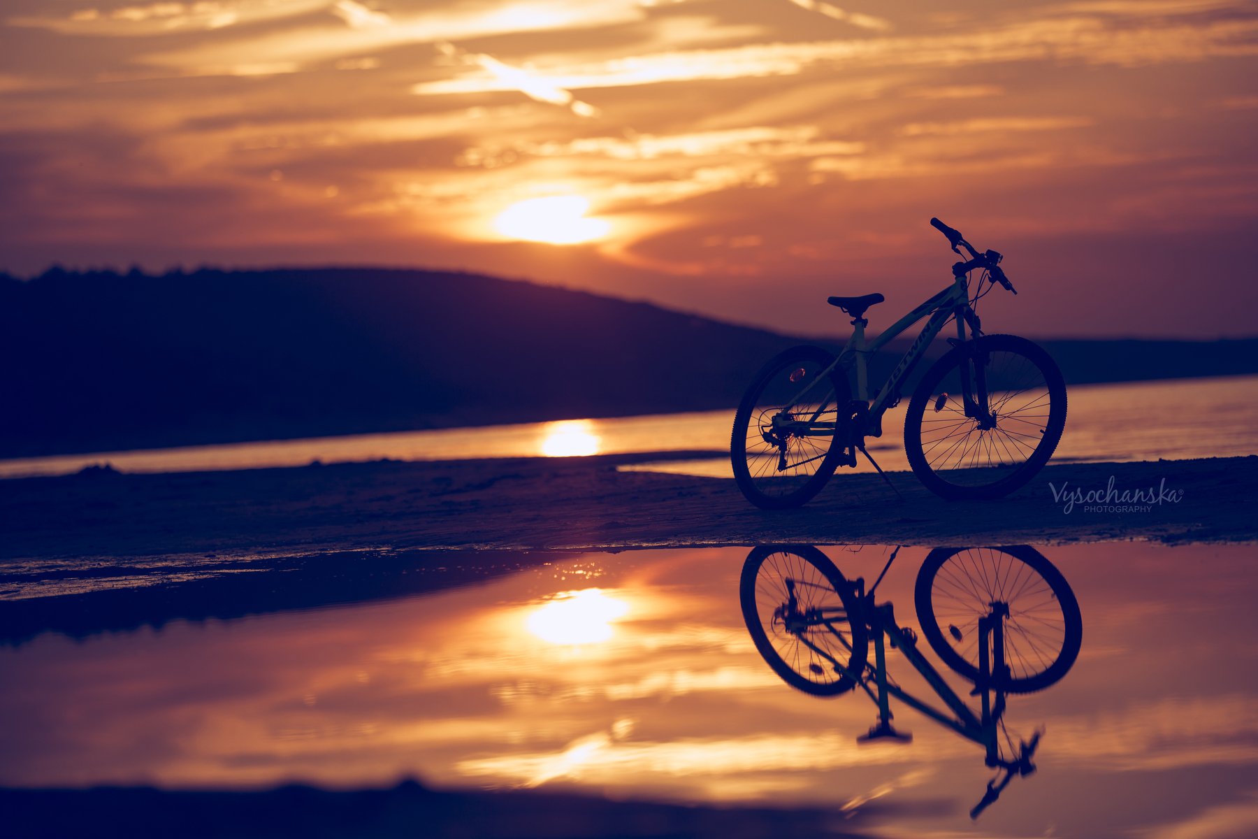 sunset, bicycle, sea, sand, evening, steel life, Vysochanska Photography