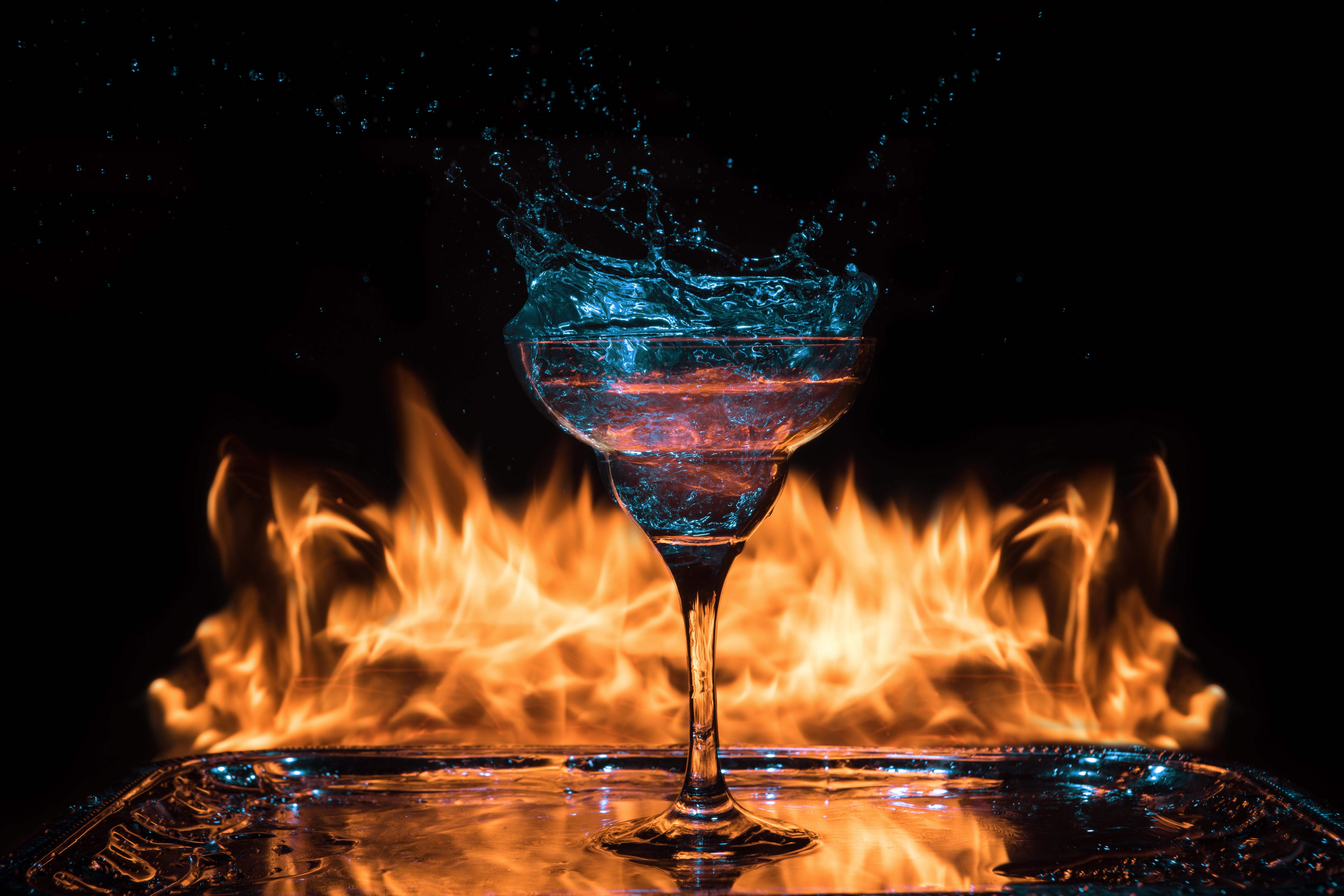 water, splash, flame, fire, cocktail, ice, blue, yellow, Андрей Болдышев