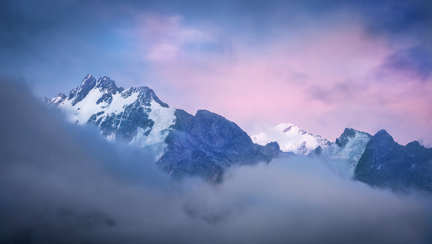 горы, небо, закат, розовый, снег, туман, облака, кавказ, дыхтау, коштантау, пейзаж, природа, россия, Алексей Чумаков