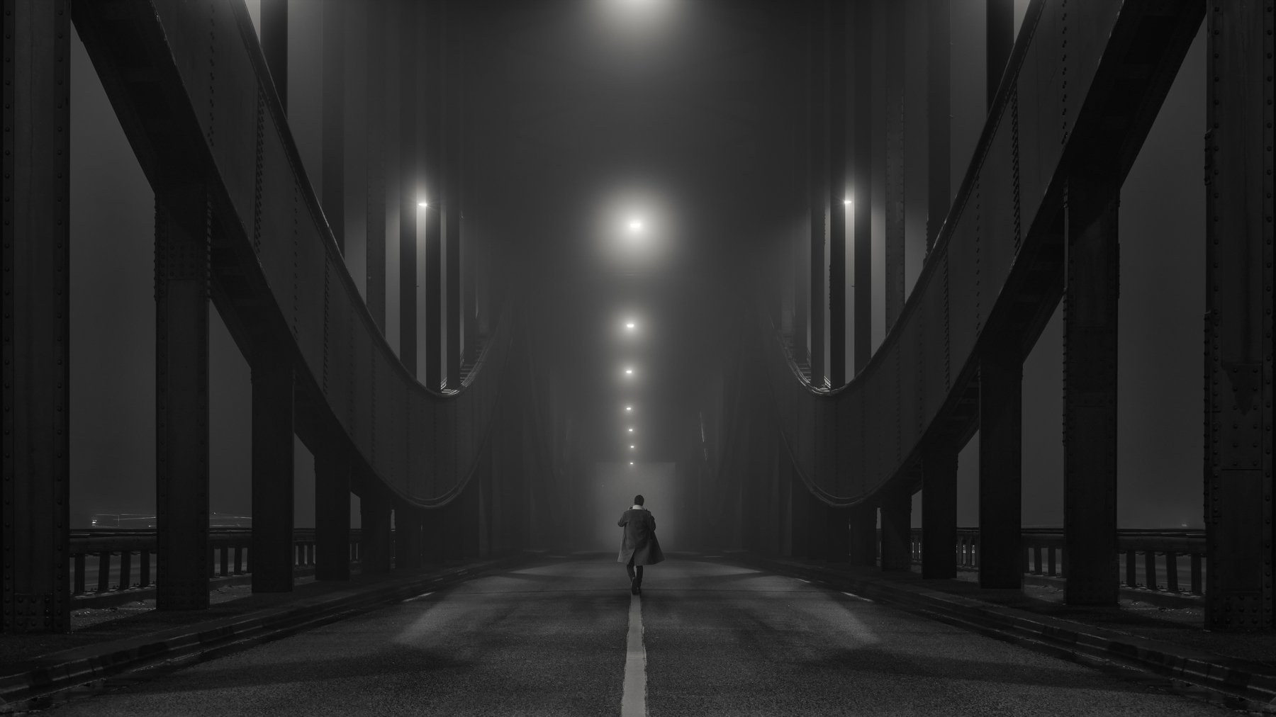 fog mist haze bridge man street urban lights, Alexander Schönberg
