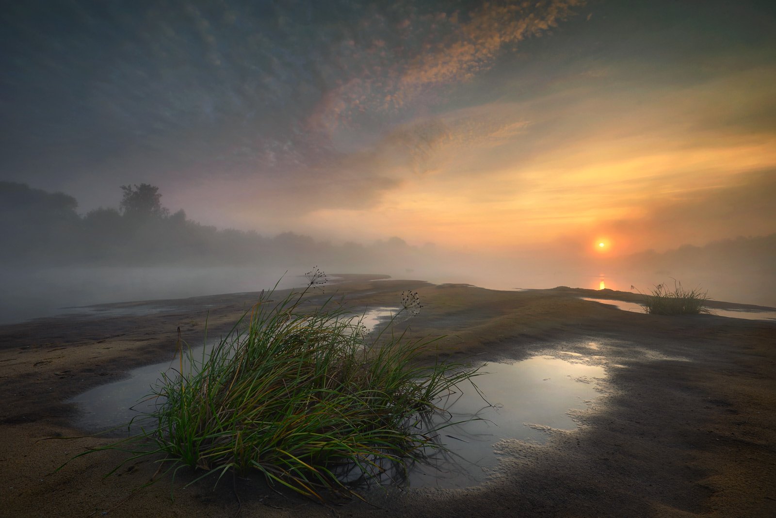 пейзаж утро туман речка вода солнце небо, Морозов Юрий