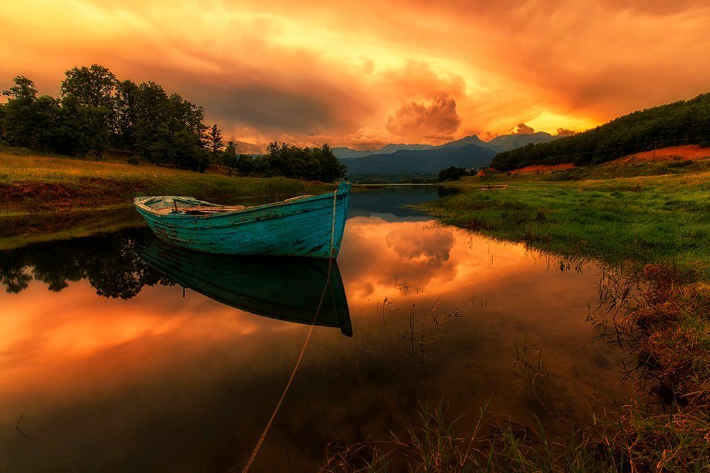 greece, long exposure, lake, boat, sunset, reflections, sky, karditsa, plastiras, orange, landscape, beauty, nature, mountains, water, Konstantinos