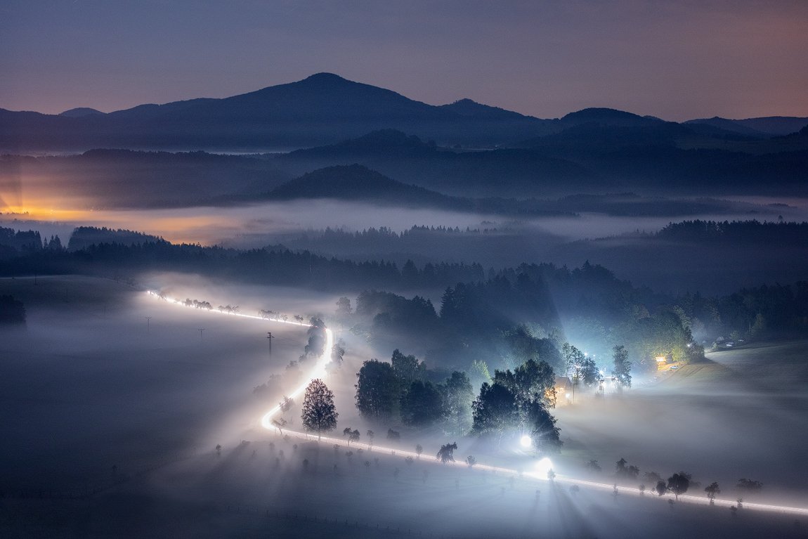 lights, car, morning, mist, fog, night, czech republic, bohemian switzerland, mountains, hills, moody, atmosphere, Martin Rak
