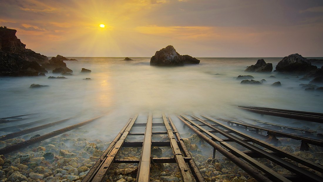 calm, sunrise, sea, morning, rocks, Philip Peynerdjiev