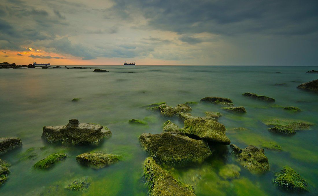 calm, sunrise, sea, morning, ships, Philip Peynerdjiev