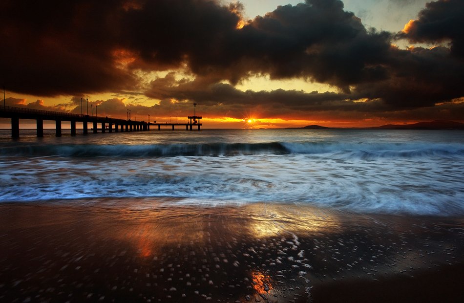 bridge, sea, wave, water, rocks, sand, sun, sky, sunrise, clouds, beach, coast,, Senna Ayd-Photographer