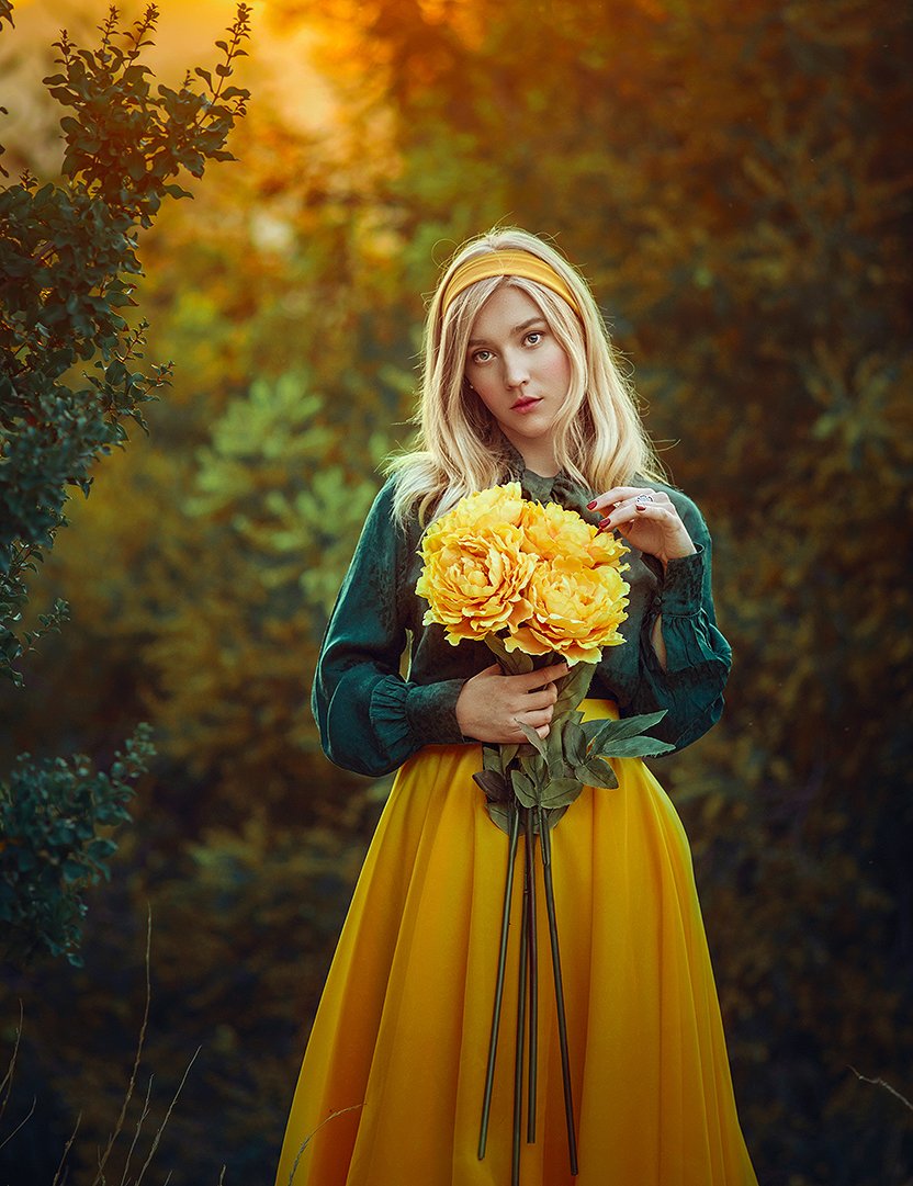 портрет, блондинка, цветы, желтый, Amina Donskaya