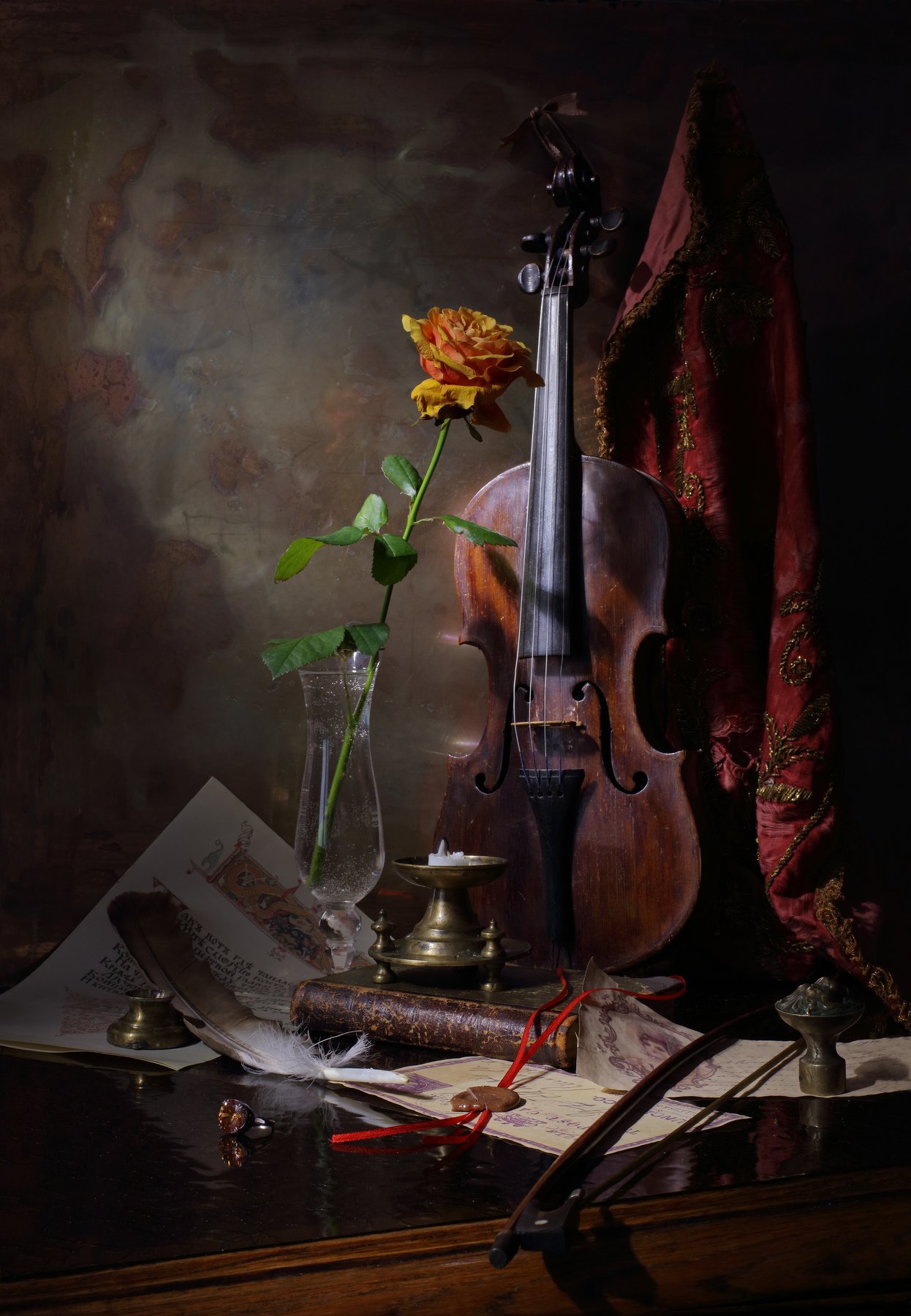 скрипка, музыка, свет, цветок, роза, натюрморт, Андрей Морозов