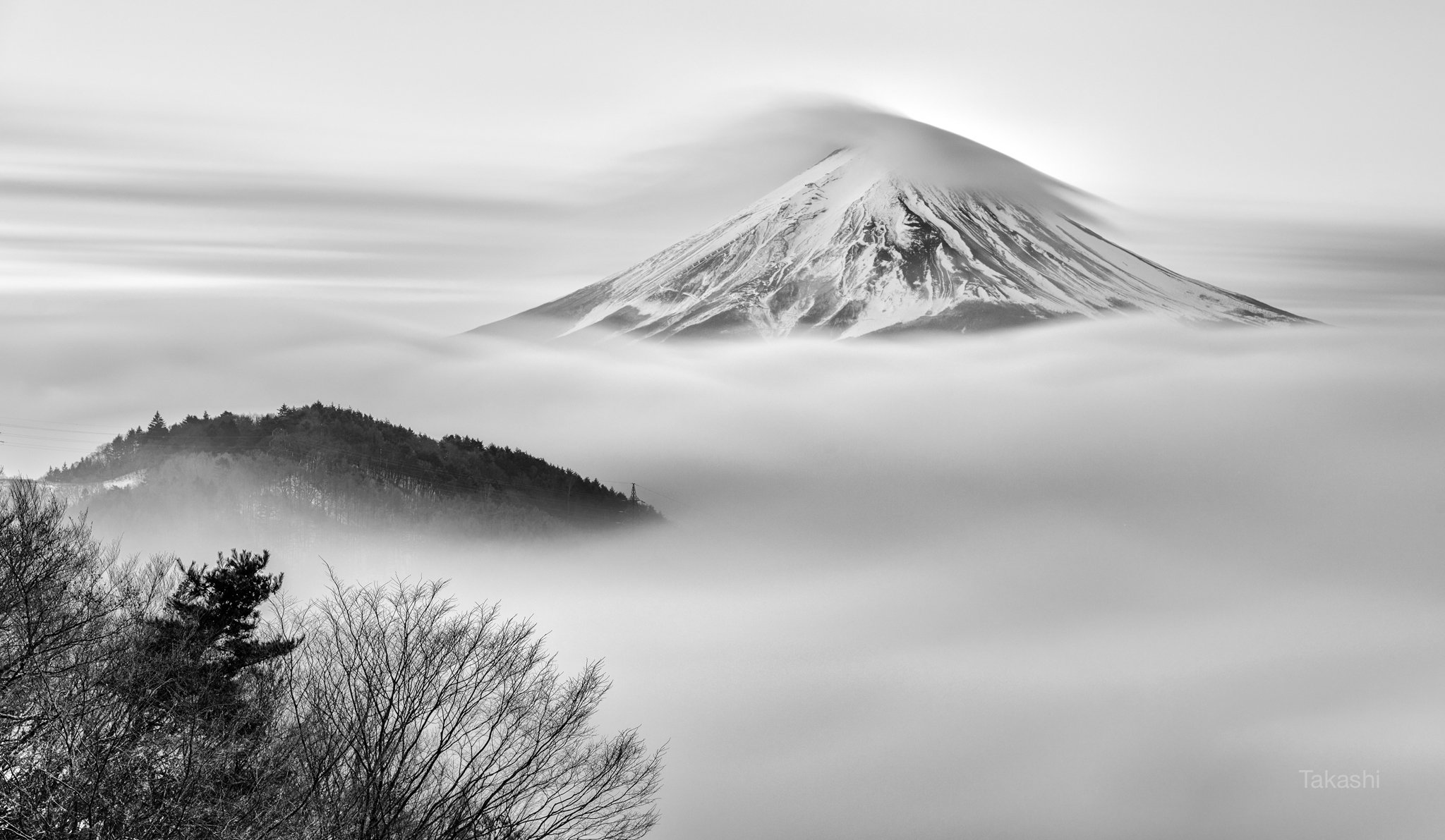 Fuji,mountain,Japan,cloud,snow,tree,black,white, Takashi