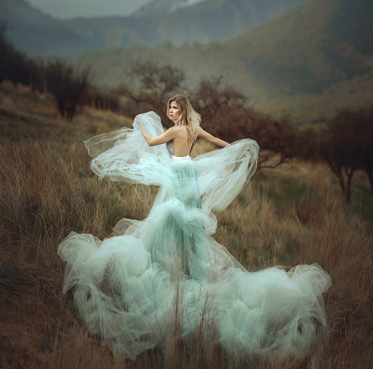 портрет, portrait, горы, mountains, чили, девушка, платье, ветер, Amina Donskaya