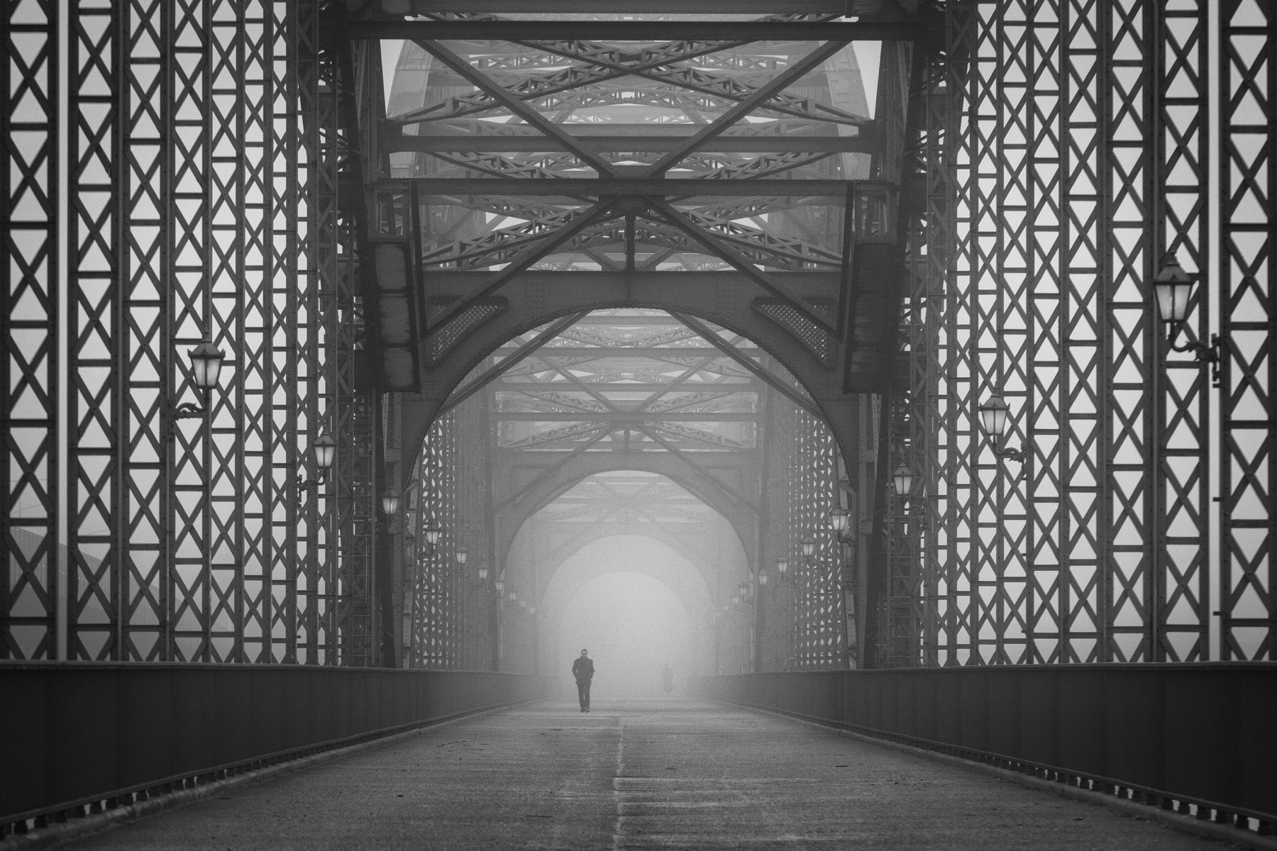 bridge, fog, mist, haze, alone, people, street, urban, way, road, hamburg, germany, Alexander Schönberg