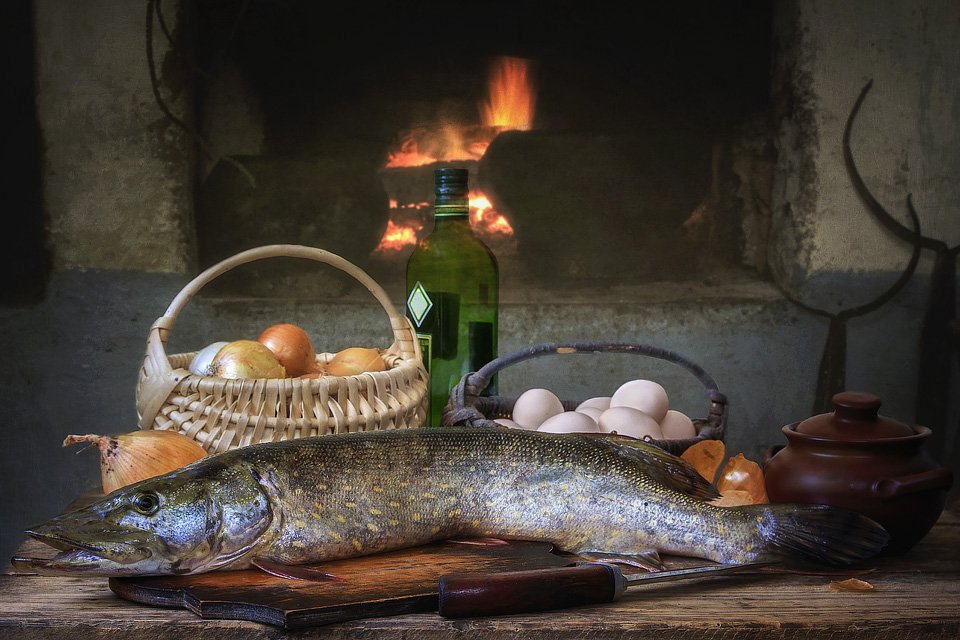 натюрморт, деревенский, деревенский дом, печь, рыба, щука, приготовление еды, Ирина Приходько
