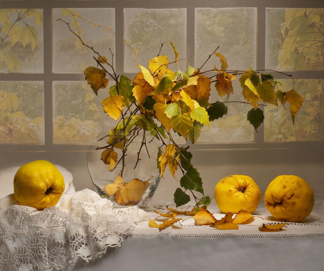 still life,натюрморт,фото натюрморт ,осень ,октябрь ,листья, берёзовые ветки ,айва, Колова Валентина