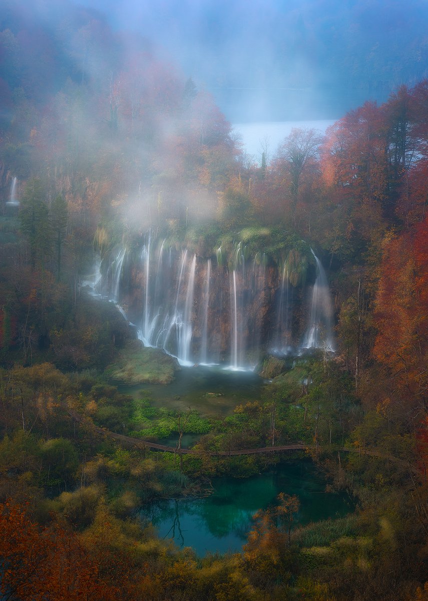 plitvice lakes croatia landscape autumn waterfall mist fog sunrise , Roberto Pavic