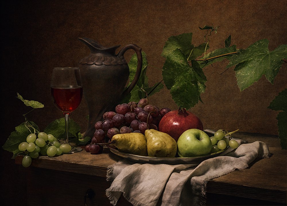 яблоко,вино, кувшин, виноград, груши, гранат, лоза, натюрморт, Андрей Угренинов