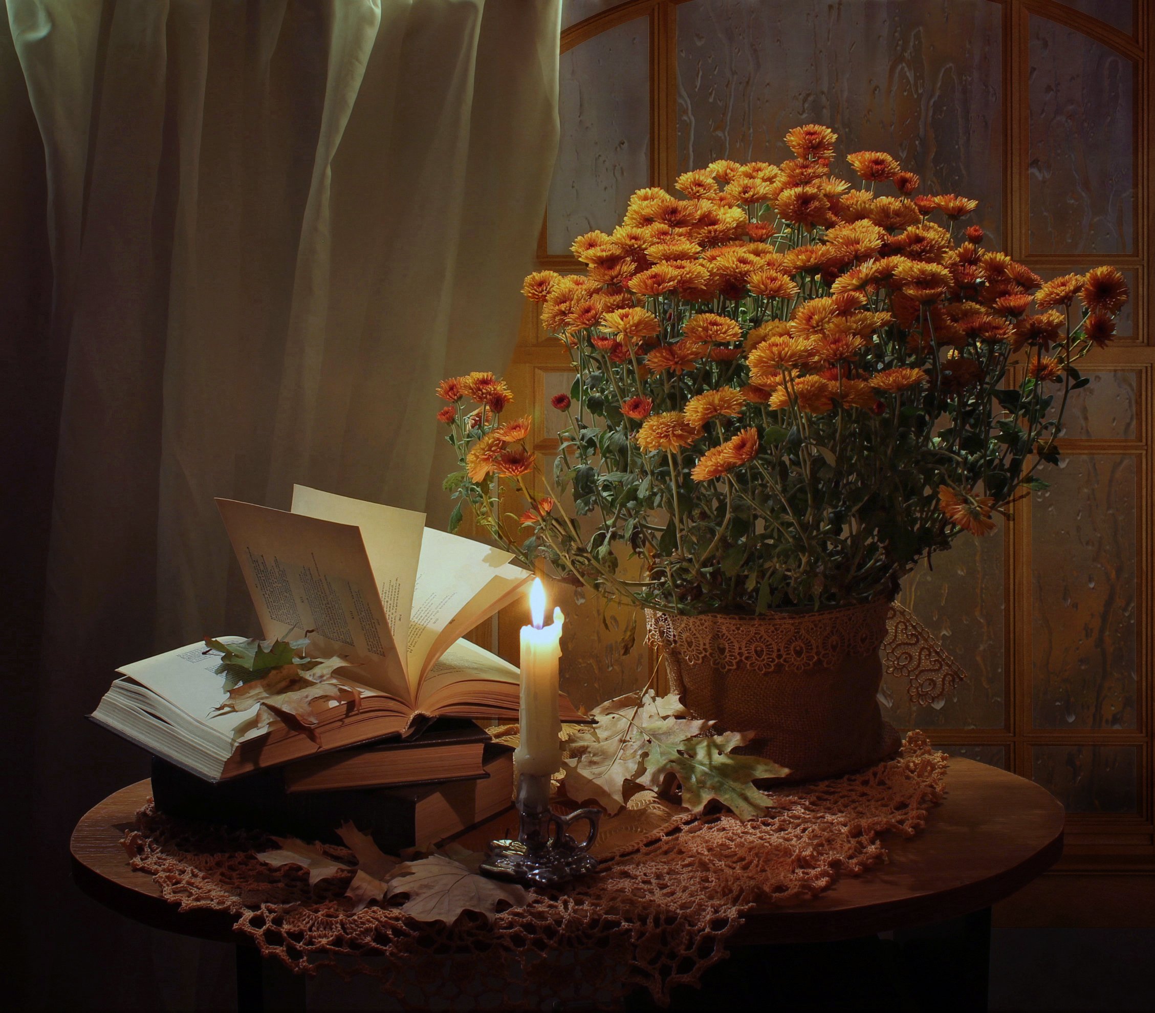 натюрморт, осень, цветы, листья, свеча, книга, хризантемы, Ковалева Светлана