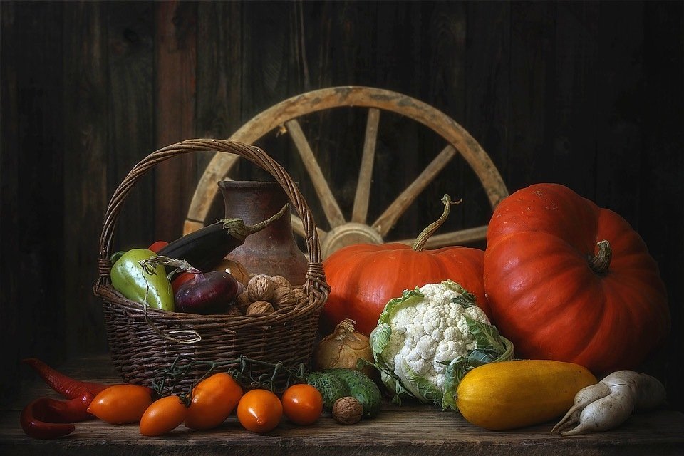 натюрморт, осень, урожай, разные овощи, разные цвета, корзина, колесо телеги, Ирина Приходько