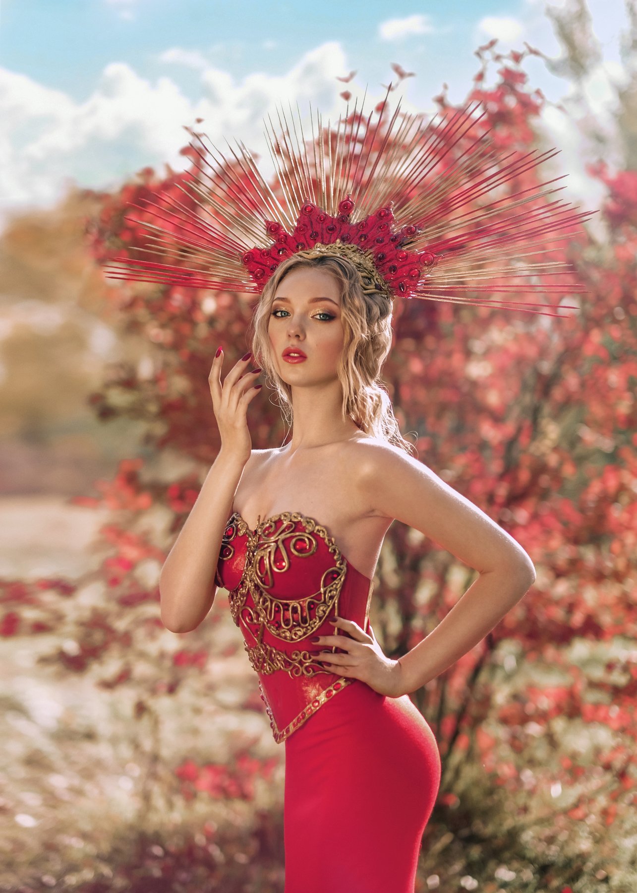 девушка ведьма богиня нимфа красное платье красота пейзаж природа жар-птица амазонка фотосессия россия красноярск, Софья Ознобихина