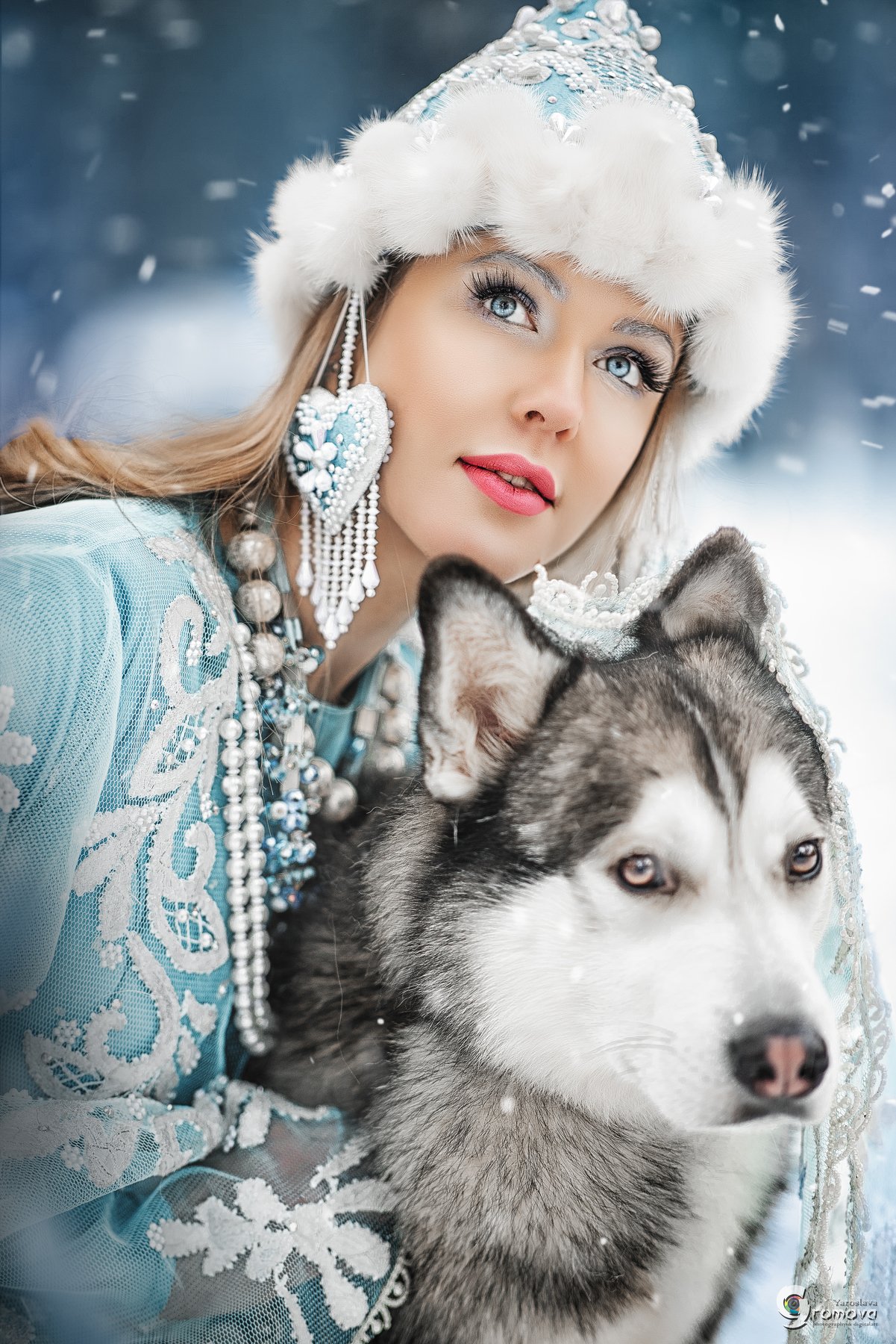 девушка, снегурочка, Акшакар, сказка, хаски, волк, зима, новый год, снег, портрет, Ярослава Громова