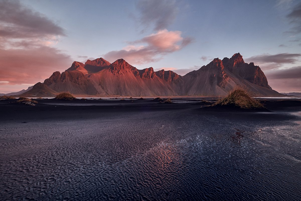 iceberg,iceland,sunset,ice,lake,clouds,mountains, vestrahorn, stoksness, Kobran