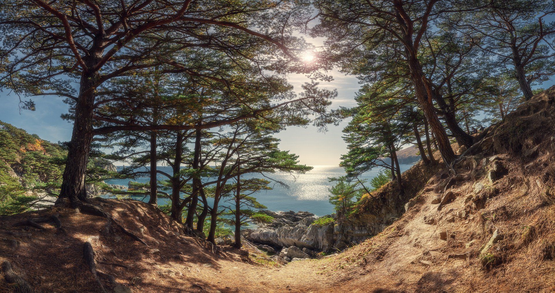 панорама, море, скалы, деревья, Андрей Кровлин