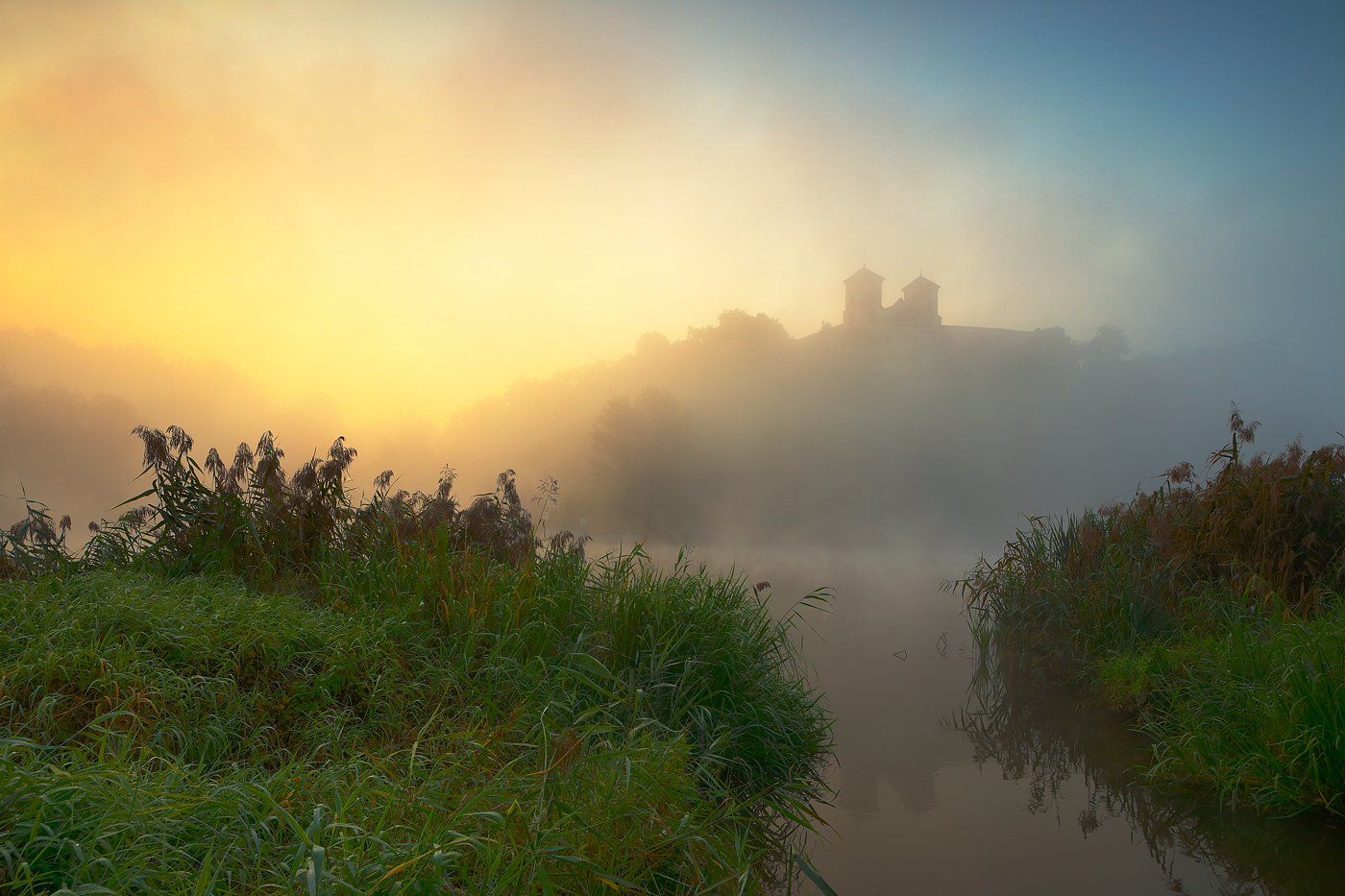river, mist, morning, sunrise, mood, light, monastery,, Jacek Lisiewicz