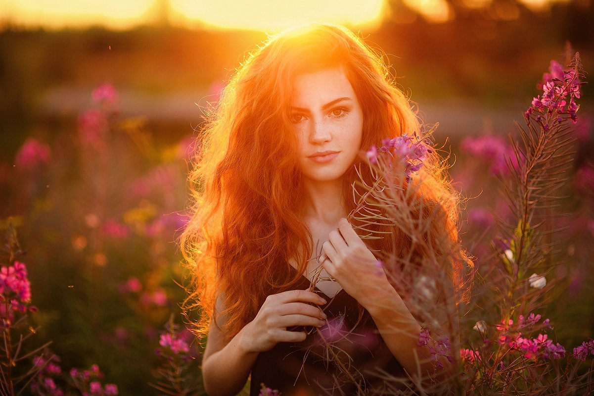 девушка, рыжая, лето, цветы, закат, Полина Сергеевна