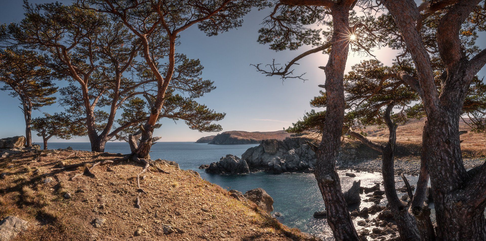 панорама, осень, море, скалы, деревья, Андрей Кровлин