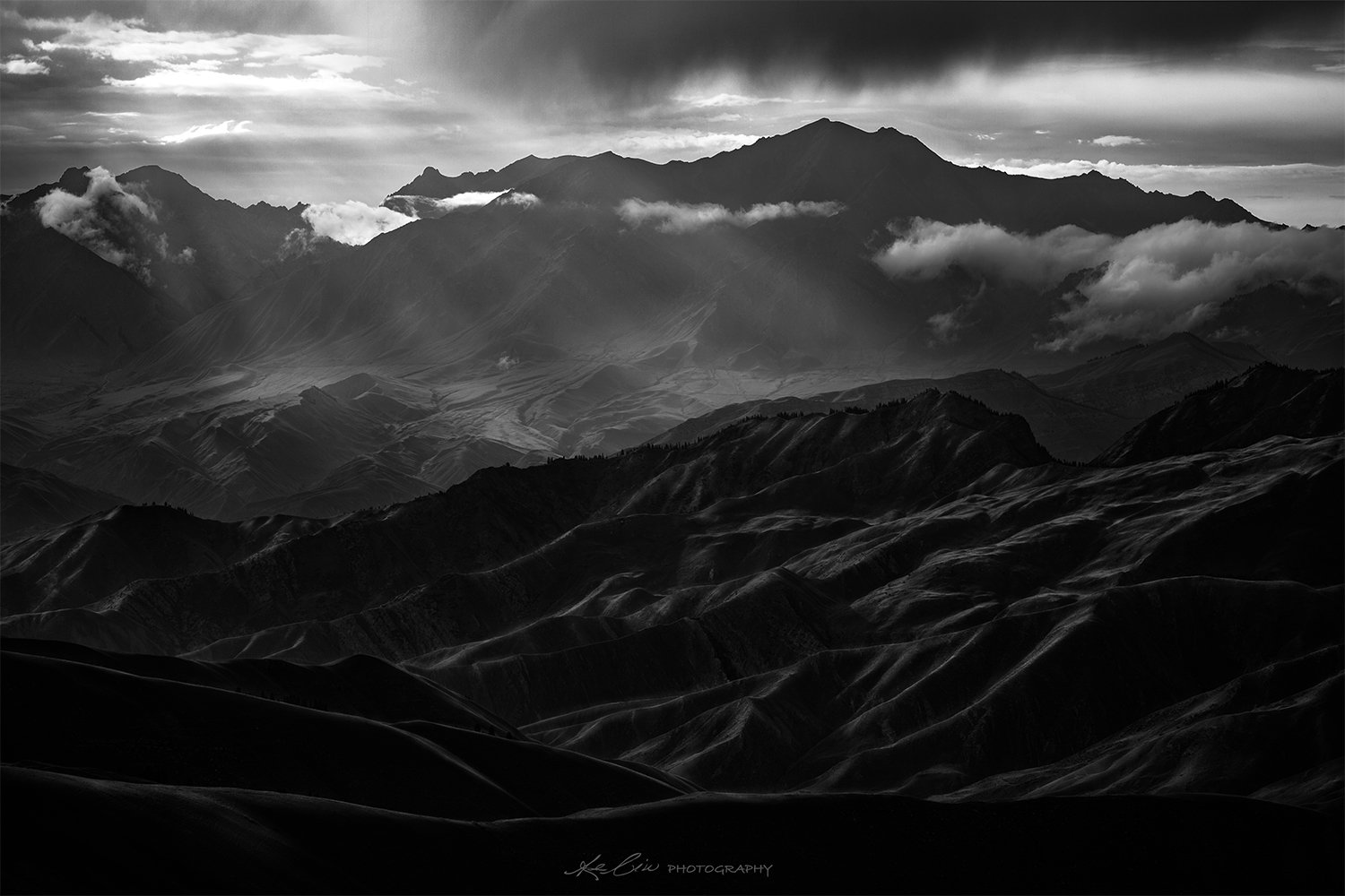 landscape, black&white, storm, mountain, texture, Ke Liu