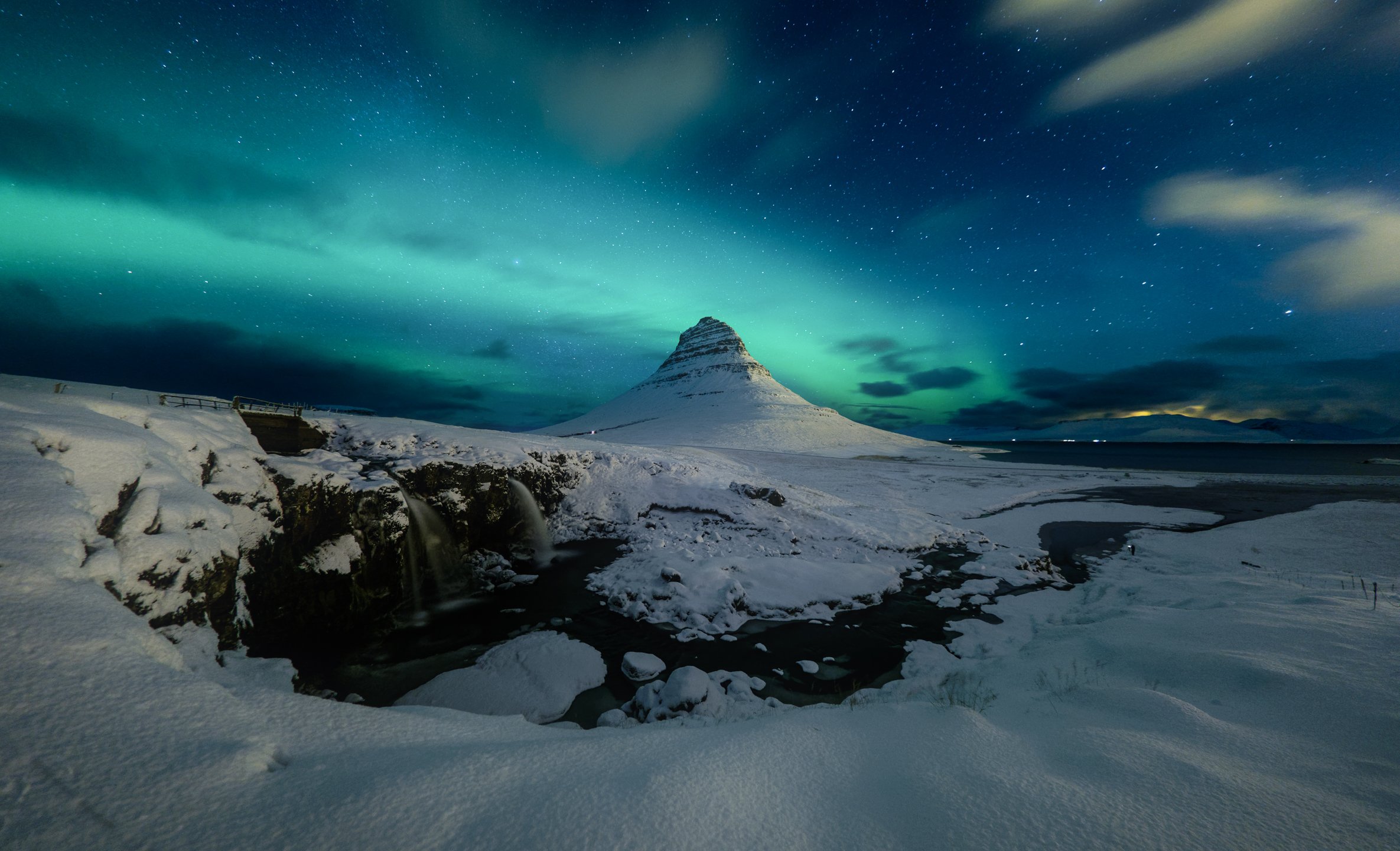 iceland, kirkjufell, aurora, nothern light, mountains, snow, waterfall, Сергей Курля