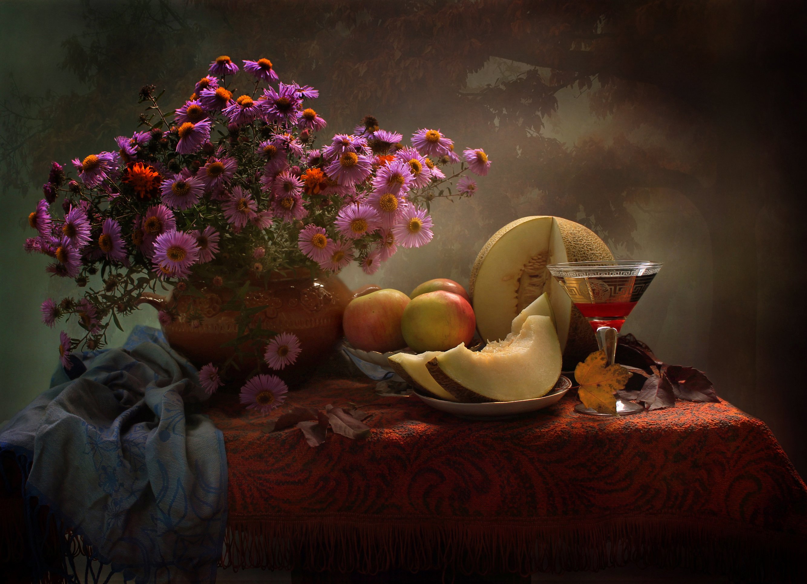 натюрморт, осень, дыня, вино, цветы, хризантемы, яблоки, Ковалева Светлана