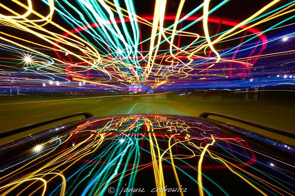 chorzow,silesia,poland,car,speed,drive,city,road,street,color,colorful,stadium,arena,football,joyride,mirror,night,light,lines,, Janusz Cedrowicz