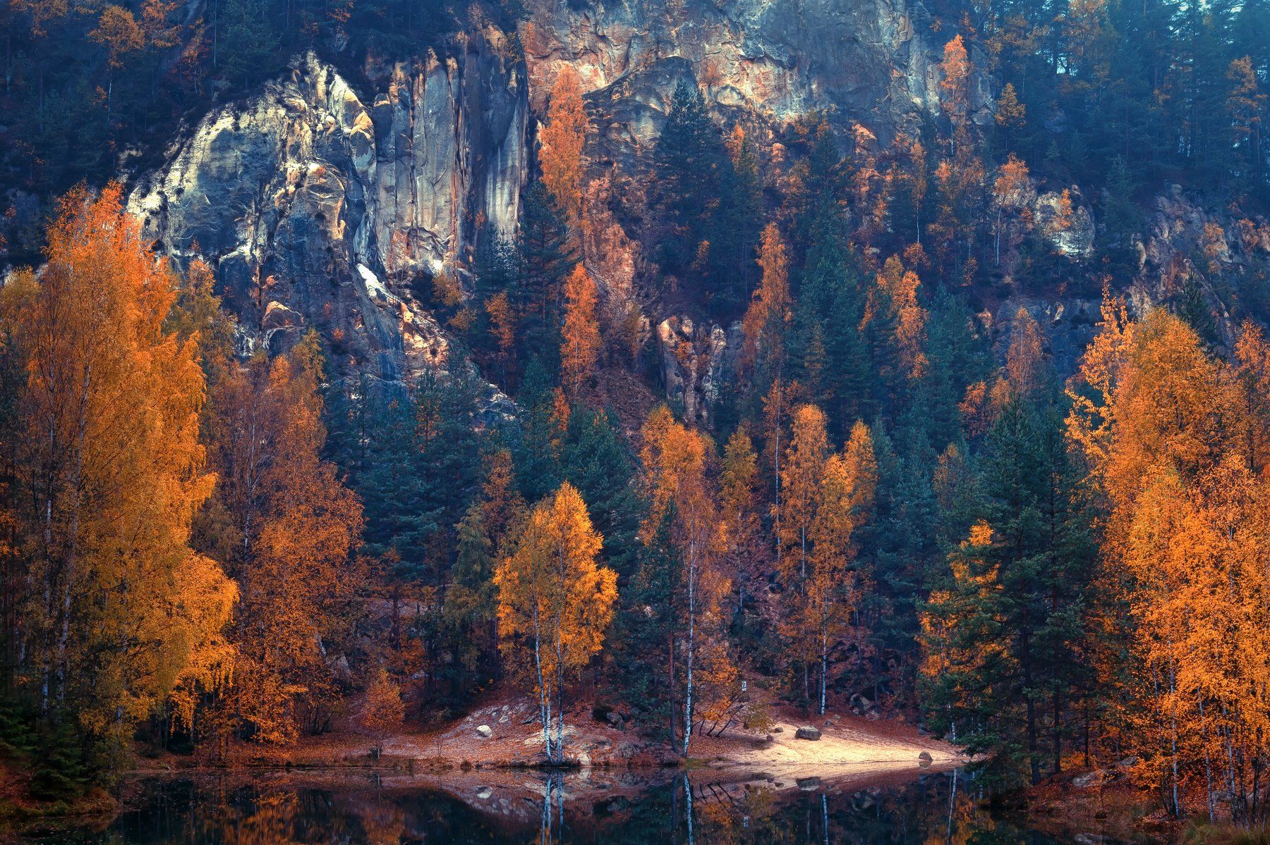 природа лес деревья осень листва утро туман путешествия пейзаж вода водоём озеро чехия скалы горы отражения, Андрей Ожерельев