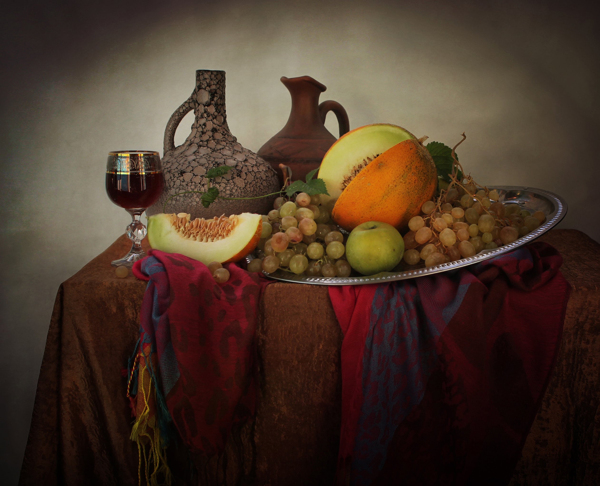 натюрморт, осень, кувшин, виноград, дыня, фрукты, вино, Ковалева Светлана
