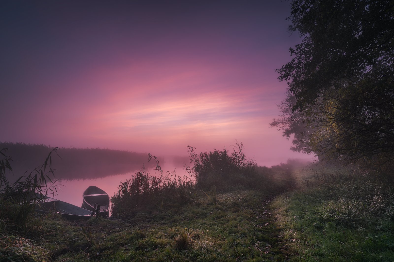 sky clouds fog river boats mist mood podlasie poland trees autumn, Maciej Warchoł