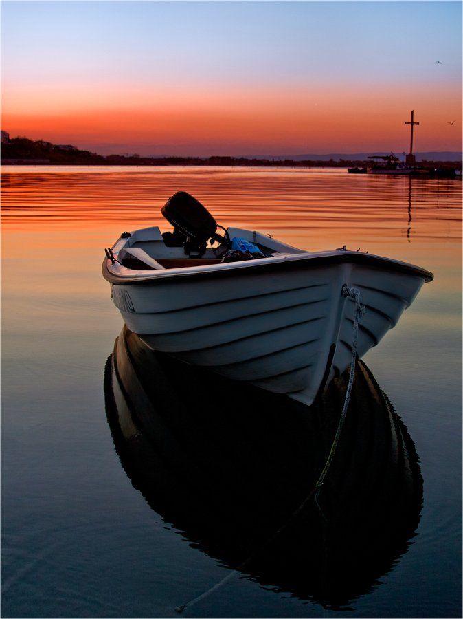 boat, sunset, see, sun, water, Иван Любенов