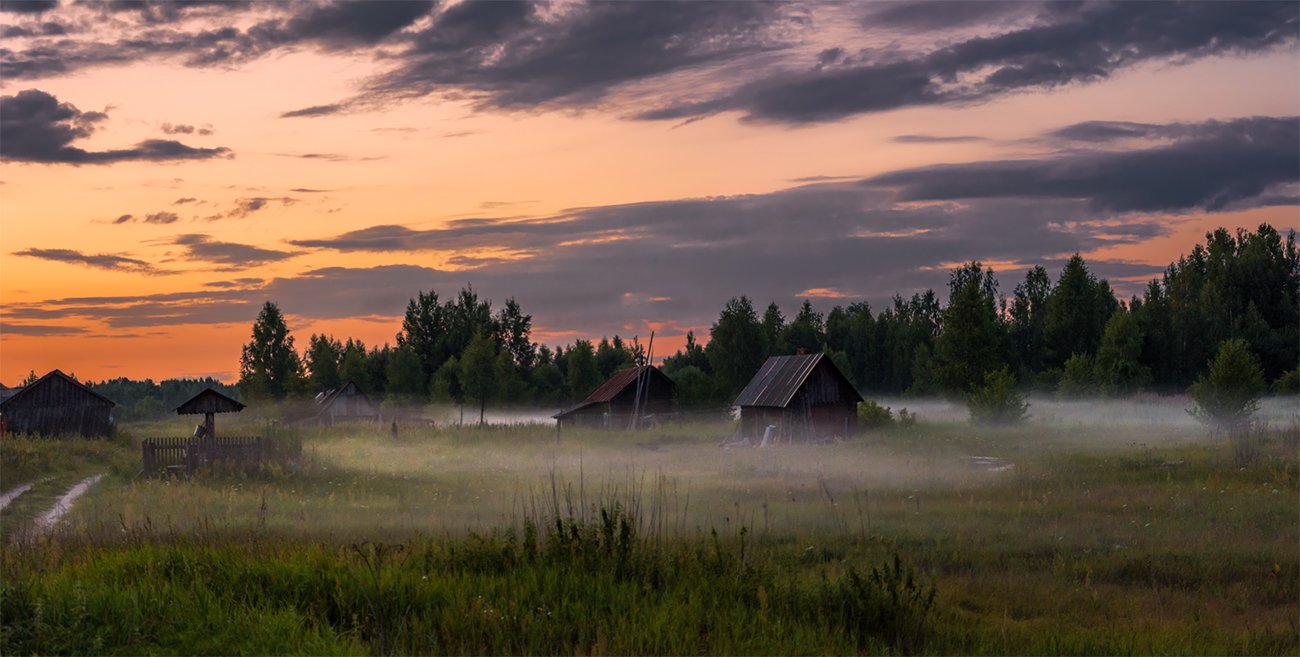 природа, пейзаж, лето, вечер, туман, панорама, закат, деревня, Альберт Беляев