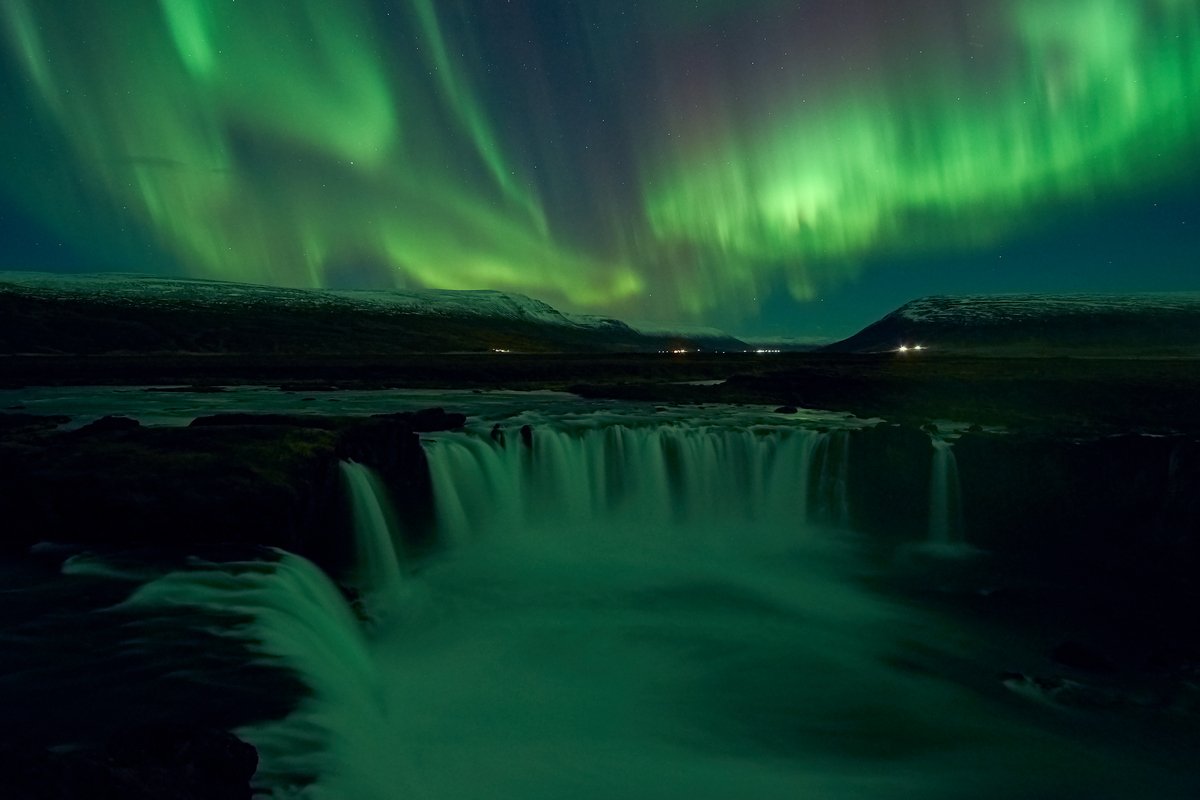 aurora,iceland,night,godafoss,waterfall, Kobran