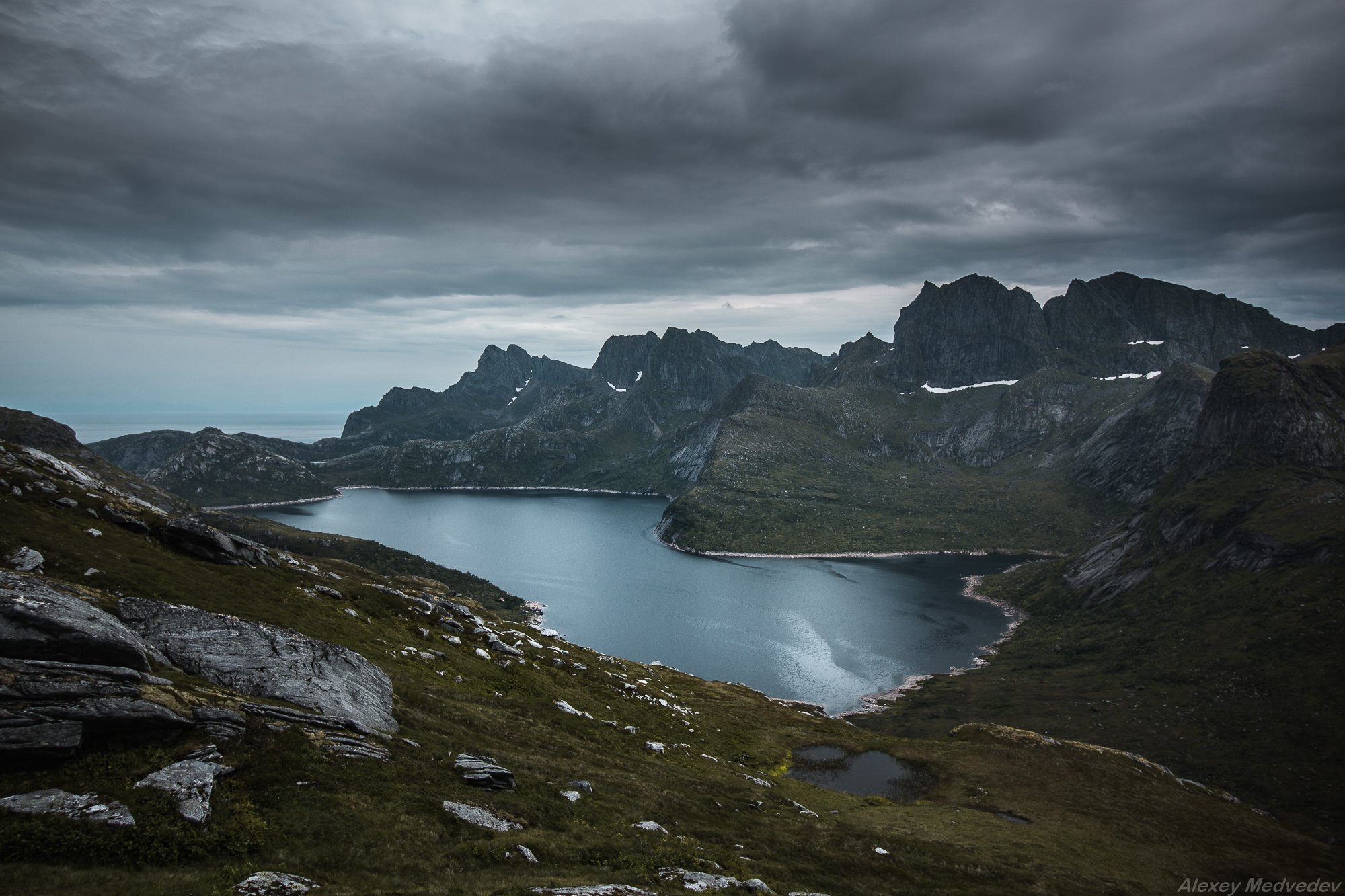 lofoten, summer, norway, cold, fjord, dark, rocks, mountains, lake, green, , Алексей Медведев