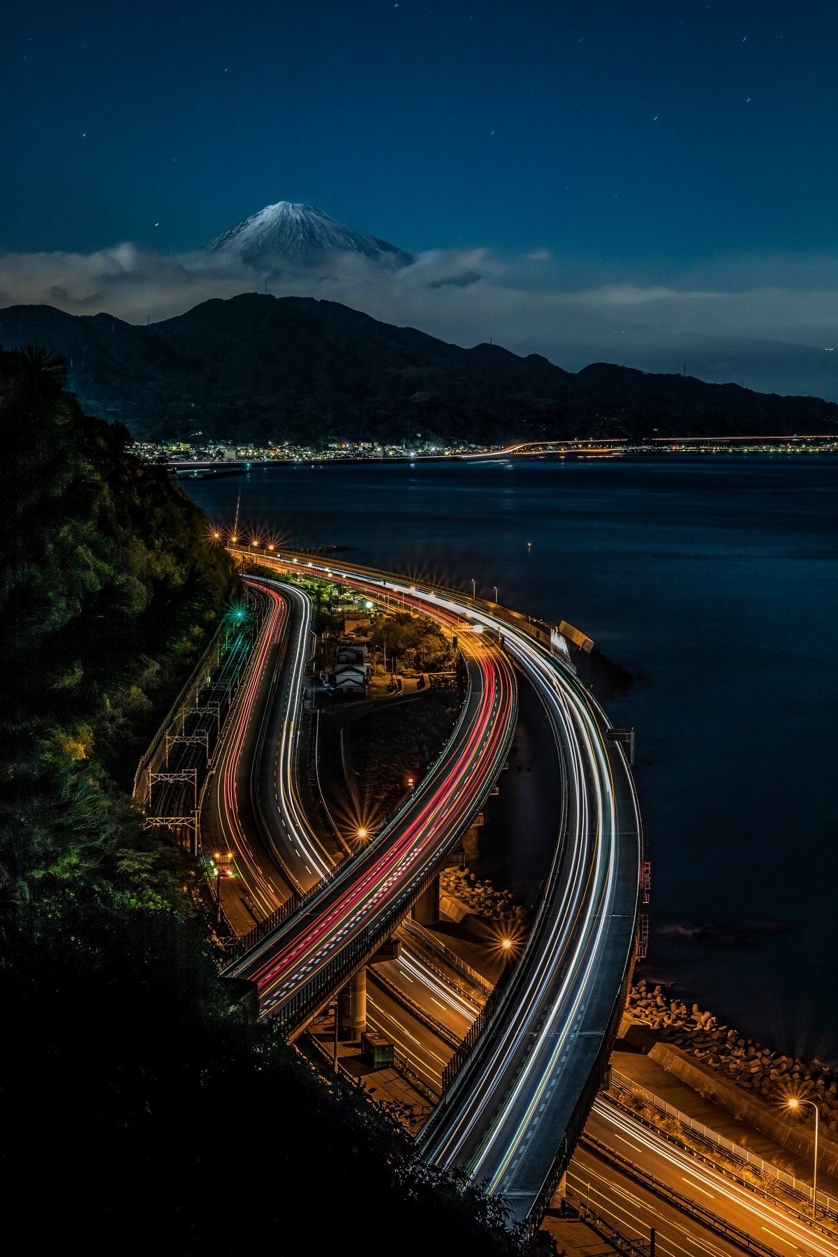 mount fuji nightscape long exposure sea road dawn japan nature lights , Hasan Jakaria