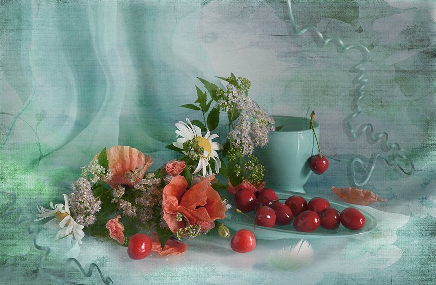 натюрморт лето вишни маки бирюзовый, Eлена Шовкопляс