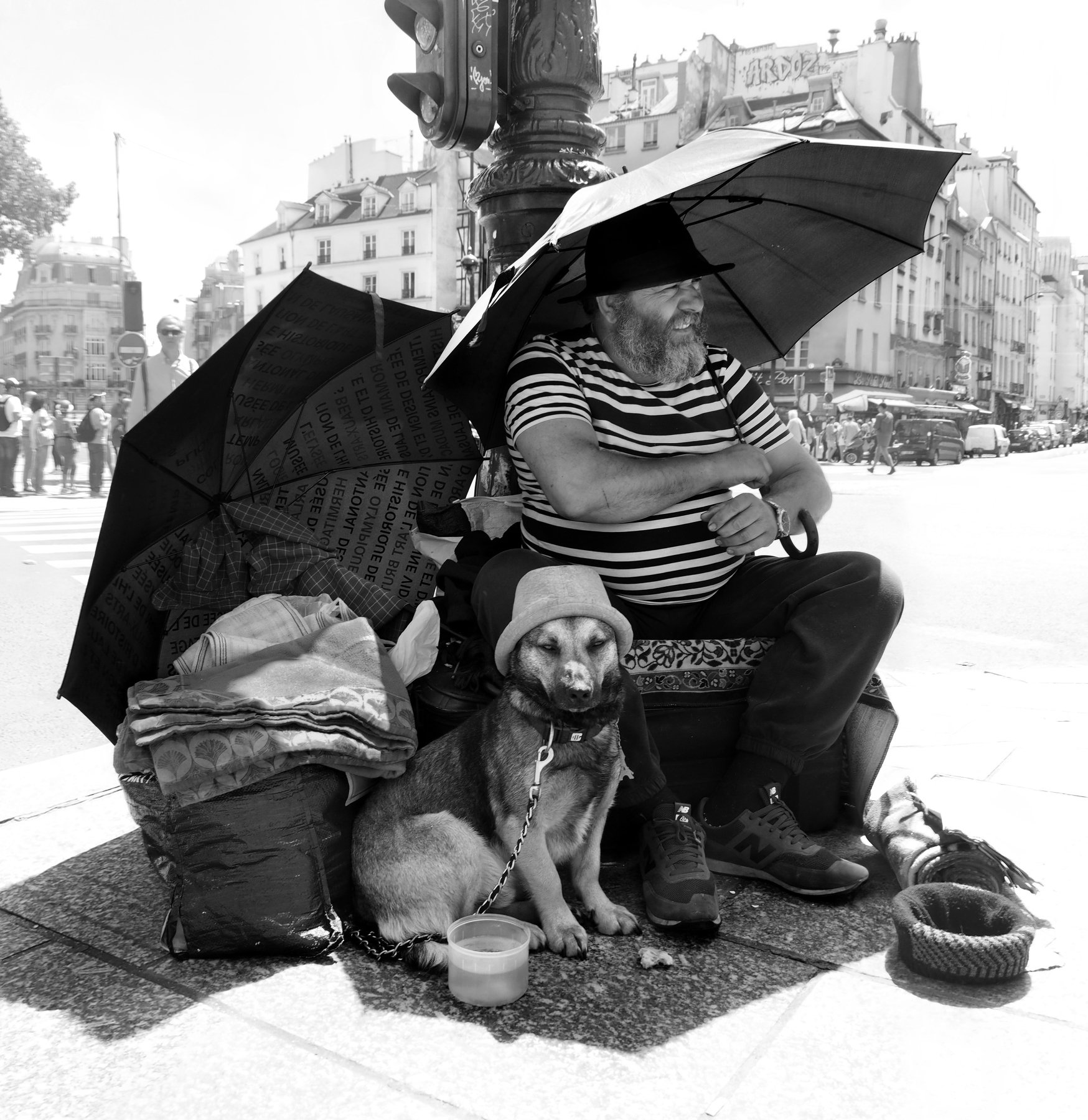 street, reportage, paris, man, pets, clochard, contrast, shadow, man, dog, hat, umbrella, Endegor
