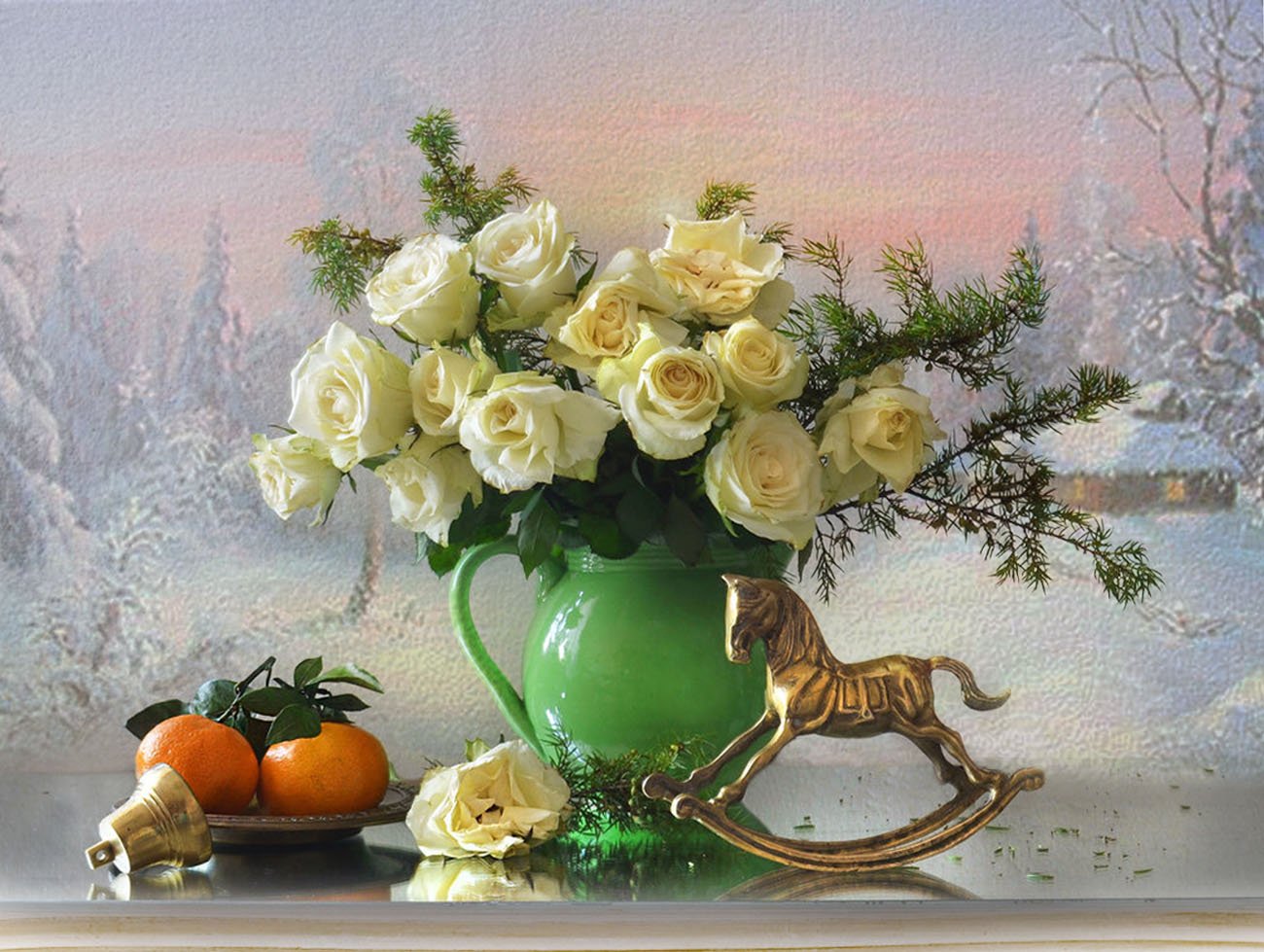 still life,натюрморт,фото натюрморт, зима, декабрь, розы, цветы, мандарины, статуэтка, бронза, Колова Валентина