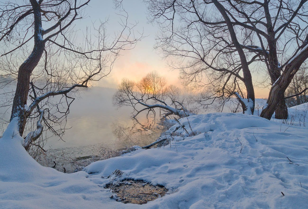 утро, рассвет, зима, озеро, горячка, пейзаж, природа, Михаил Агеев