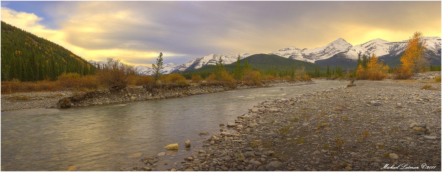 river, rocky, mountains, fall, sunset, snow, Michael Latman