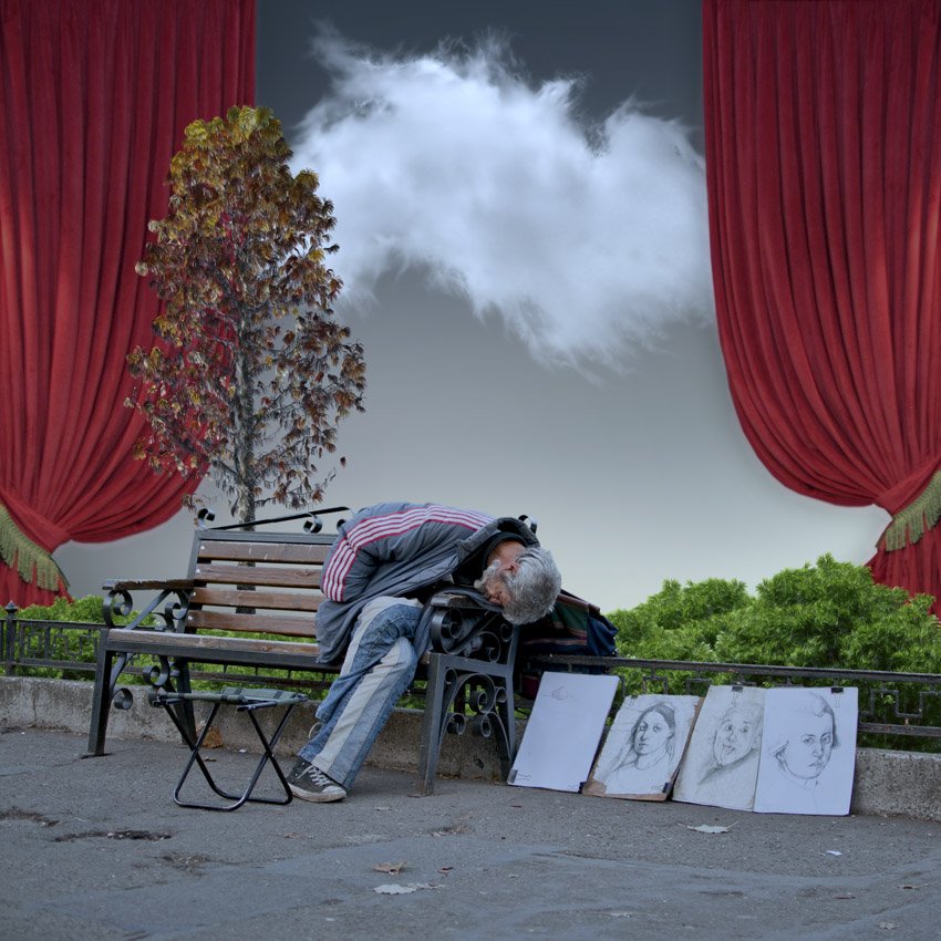old man, picture, frame, bench, curtain, tree, clouds, sky, grass, garden, Caras Ionut